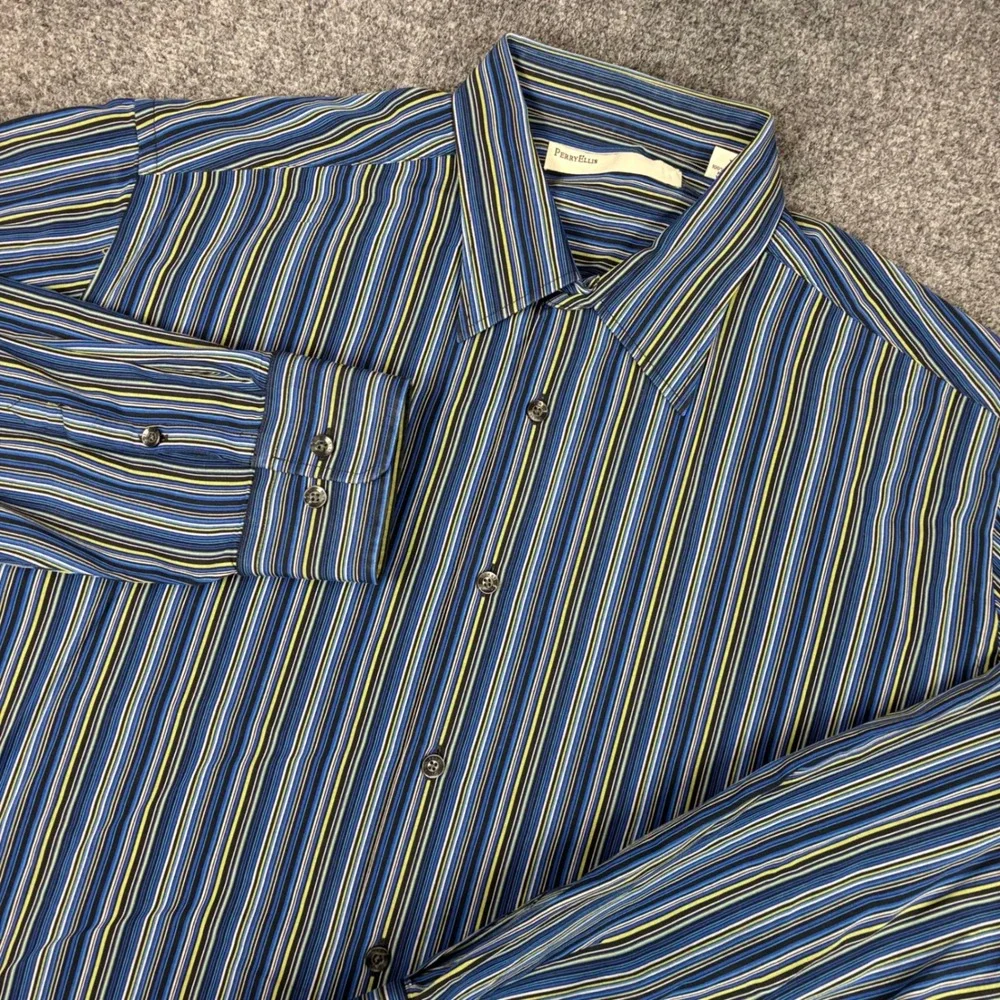 Perry Ellis Mens Size XL Long Sleeve Button Down Shirt Multicolor Striped Cotton